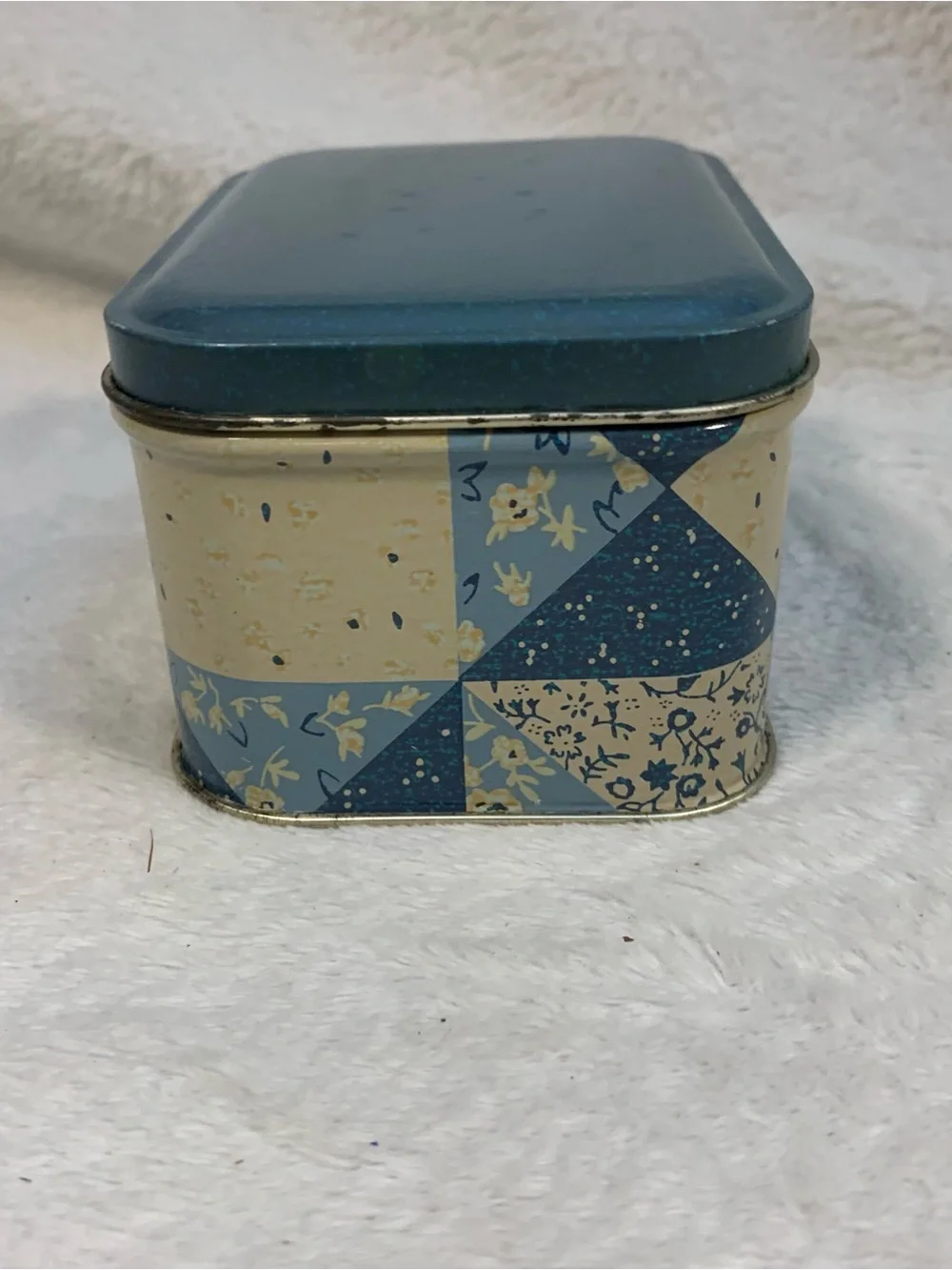 Vintage Blue Patchwork Cottagecore Country Farmhouse Decorative Tin Storage Box